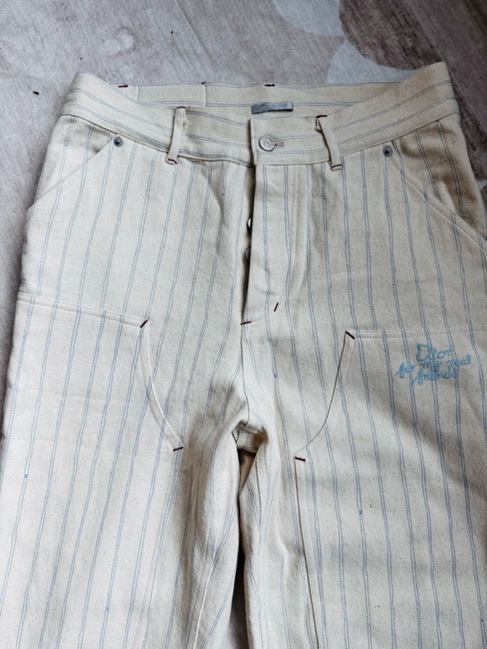 Dior Cream Pants with Blue Pinstripes and Branded Button - Picture 2 of 14